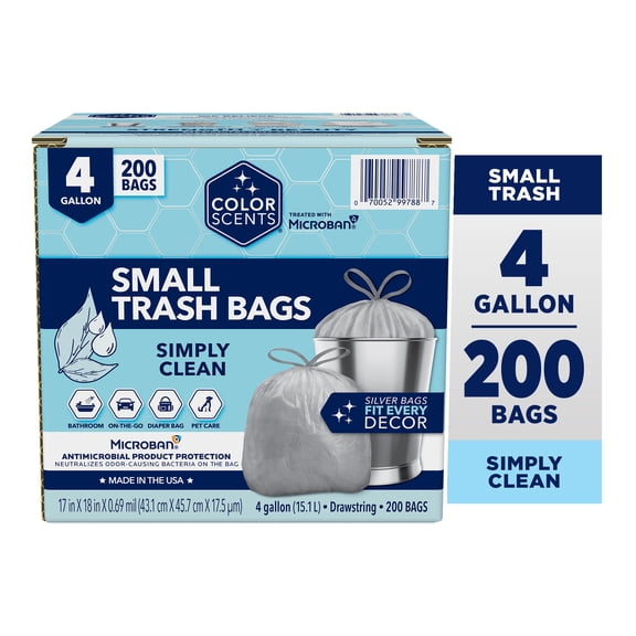 Color Scents 4-Gallon Small Drawstring Trash Bags with Simply Clean Scent and Microban, 200 Bags