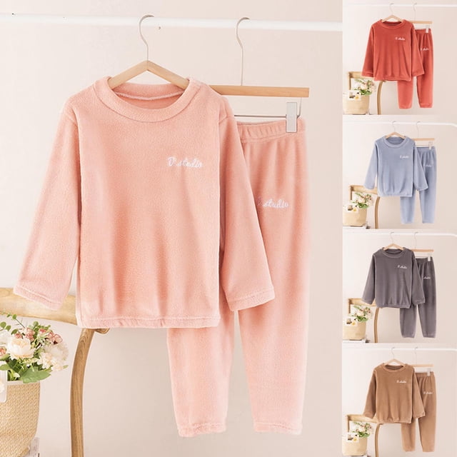 Leodye Pyjamas en Flanelle à Manches Longues et Col Rond pour Garçons et Filles Automne et Hiver Couleur Unie Rouge 13-14 Ans