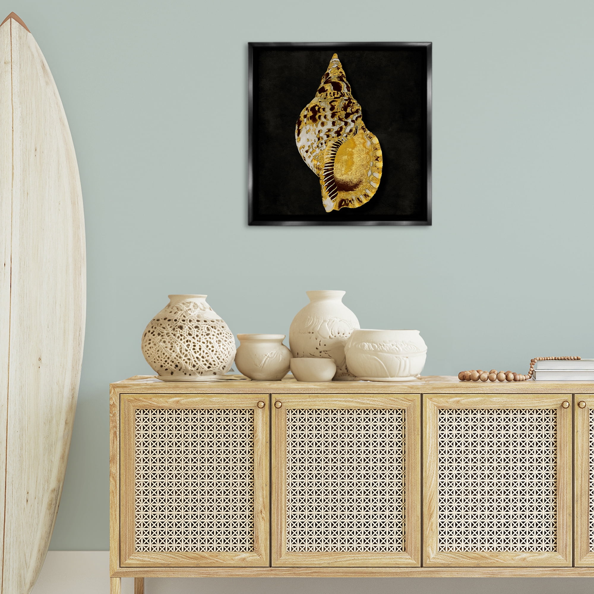 Stupell Industries Gold Conch on Black Nautical & Beach Painting Black Floater Framed Canvas Art Print Wall Art, 25 x 25