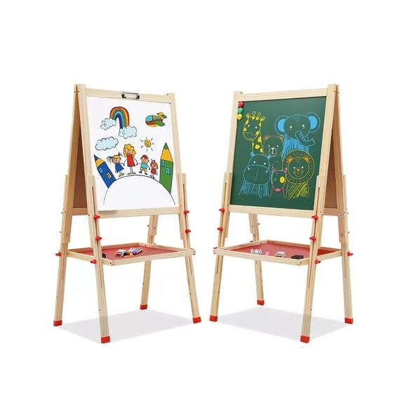 Pizarron Infantil Doble Cara Blanco/Verde Caballete Ajustabl Marthing Pizarrón Infantil de Madera Doble Cara 45x45 cm,Caballete Ajustable 72-115 cm, Magnético, con Accesorios, Pizarrón Educativo