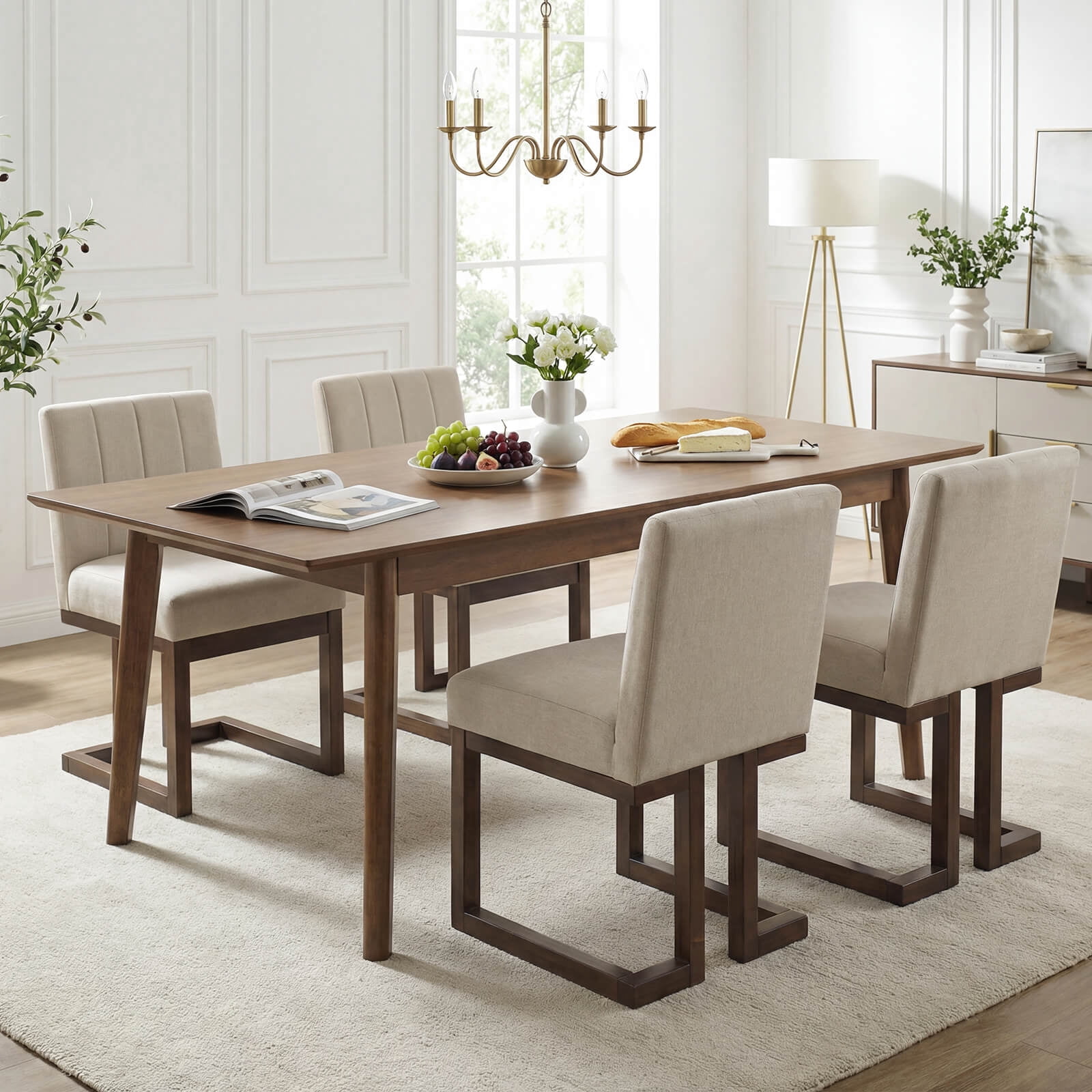 Costway 4PCS Wooden Dining Chairs Modern Farmhouse Fabric Upholstered Kitchen Chairs Walnut