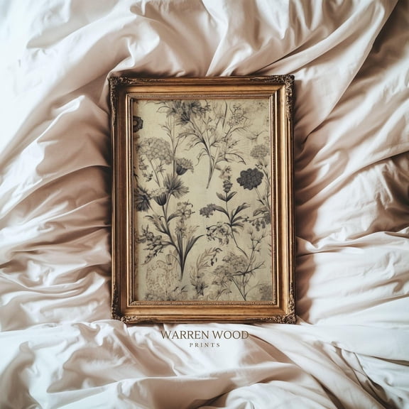 Antique Floral Pattern Print, Beige And Denim Blue Wall Art, Rustic Vintage Botanical De, Country Farmhouse Decor, Cottage Style Home Decor UNFRAMED Poster, Wall Art for Decor, Present, 8x12