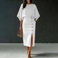 thumbnail image 3 of RFQWOVSR Women's Solid Color Elegant Round Neck Short Sleeve Top Midi Skirt 2 Piece Set Casual Office Summer Dress Outfit M, 3 of 6