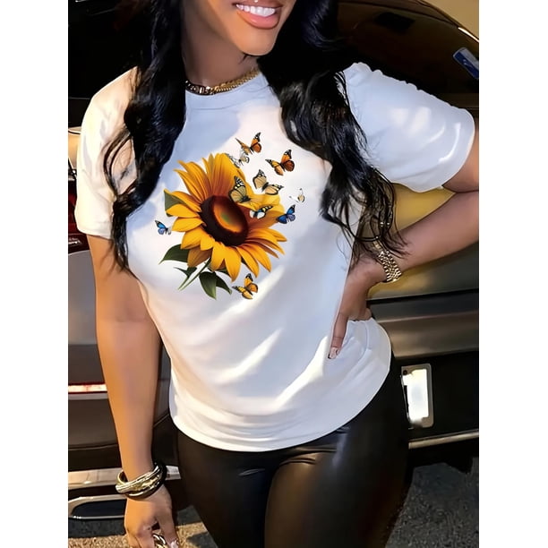 Butterfly Bliss, Women's Sunflower & Butterfly Graphic Tee - Casual Crew Neck Short Sleeve Top, Perfect for Spring & Summer Tee Tee For Adult, Men, Women, Teen, Teenager, Adolescent, Youth