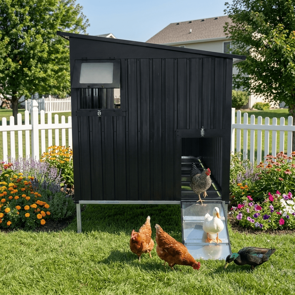 Outdoor Galvanized Metal Chicken Coop with Pull-Out Waste Trays and Adjustable Vent Window, Weatherproof Poultry Cage for Backyard, Charcoal Grey