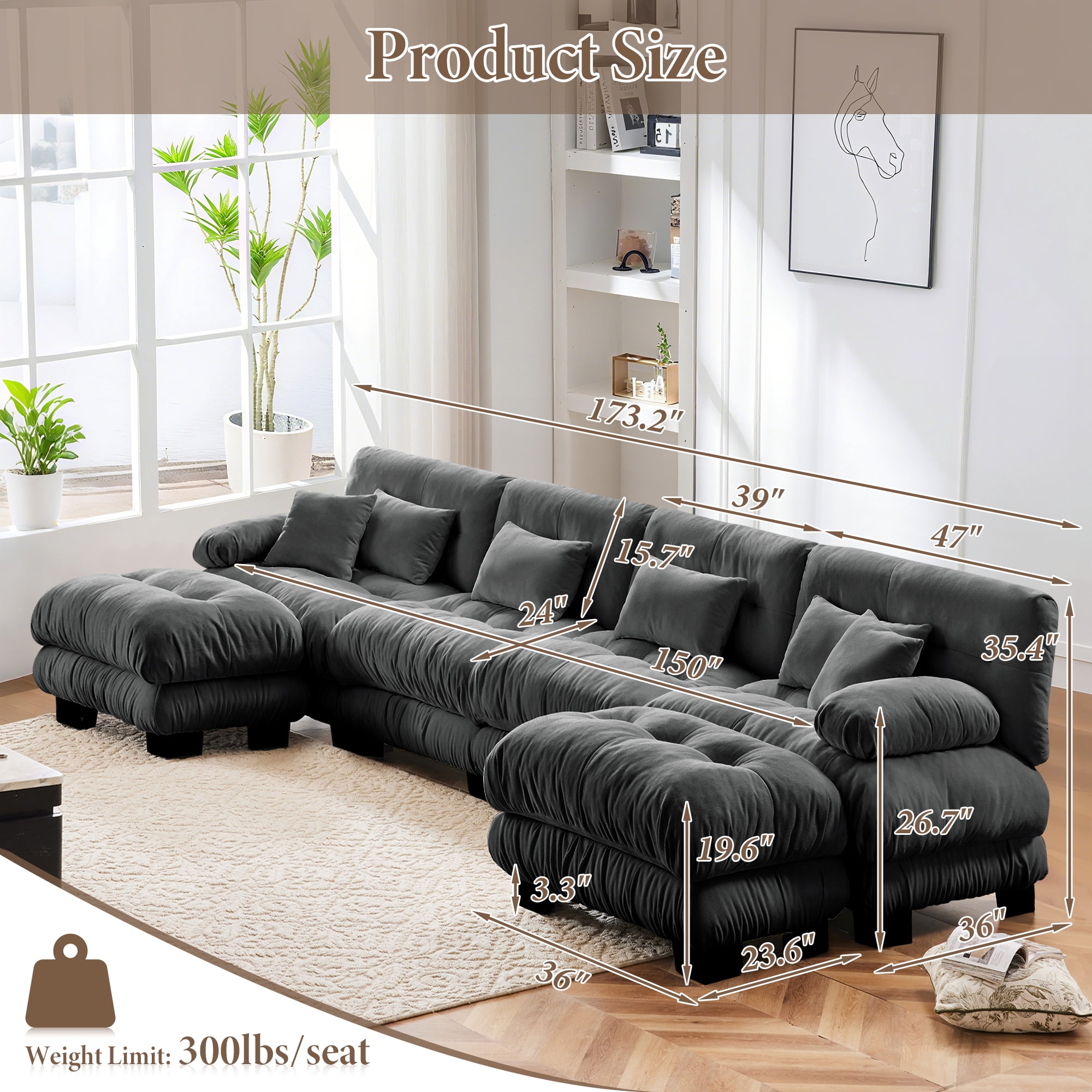 FFH 173.2" Modular Sectional Sofa, U Shaped Couch for Living Room, 4-Seater Comfy Cloud Couch with Deep Seat (Chenille Dark Gray, 4 Seater with 2 Ottomans)