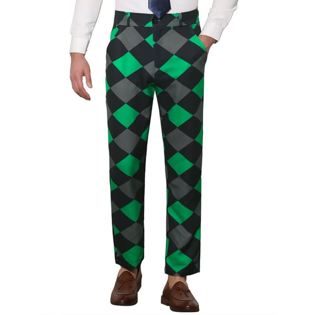 Pantalones de vestir planos de color bloque impresos geométricos casuales para hombres INSPIRE CHIC 28 Negro Verde