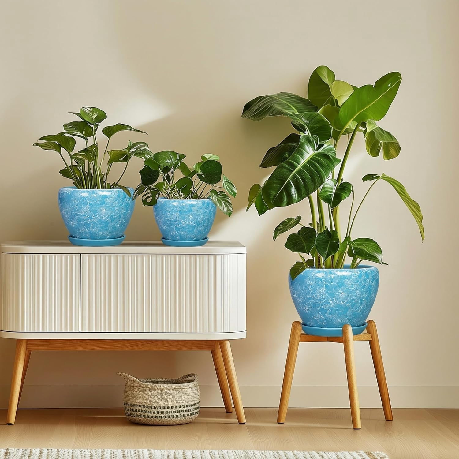 Ceramic Planters for Indoor Plants - 6 Inch Plant Pot with Drainage Hole and Saucer, Round Plant Pots, Modern Decorative Succulent Planter, Desk Decor, Gifts for Plant Lovers, Bubble Blue