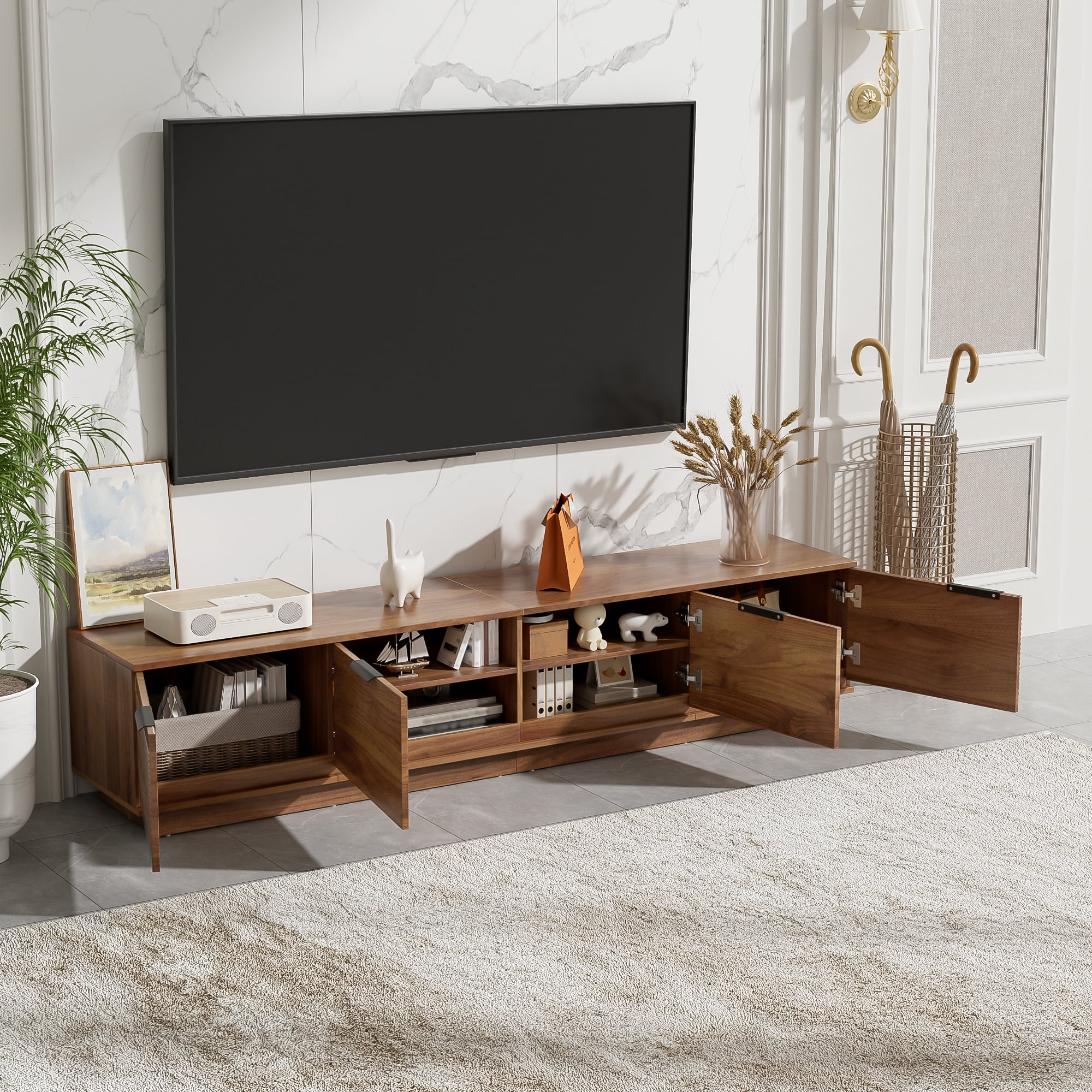 TV Stand for TVs up to 85 Inch, Entertainment Center with Slatted Doors & Cable Management, Media Console with Soft-Close Hinges for Living Room