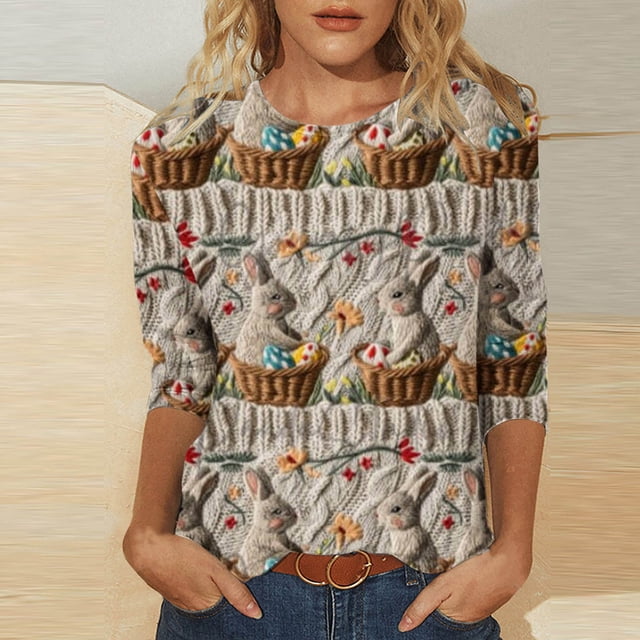 EGNMCR Easter Print Shirts T-Shirts Graphiques pour Femmes T-Shirts Décontractés Mode Imprimé Manches 3/4 Col Rond Froncé Blouse Hauts T-Shirts pour Femmes