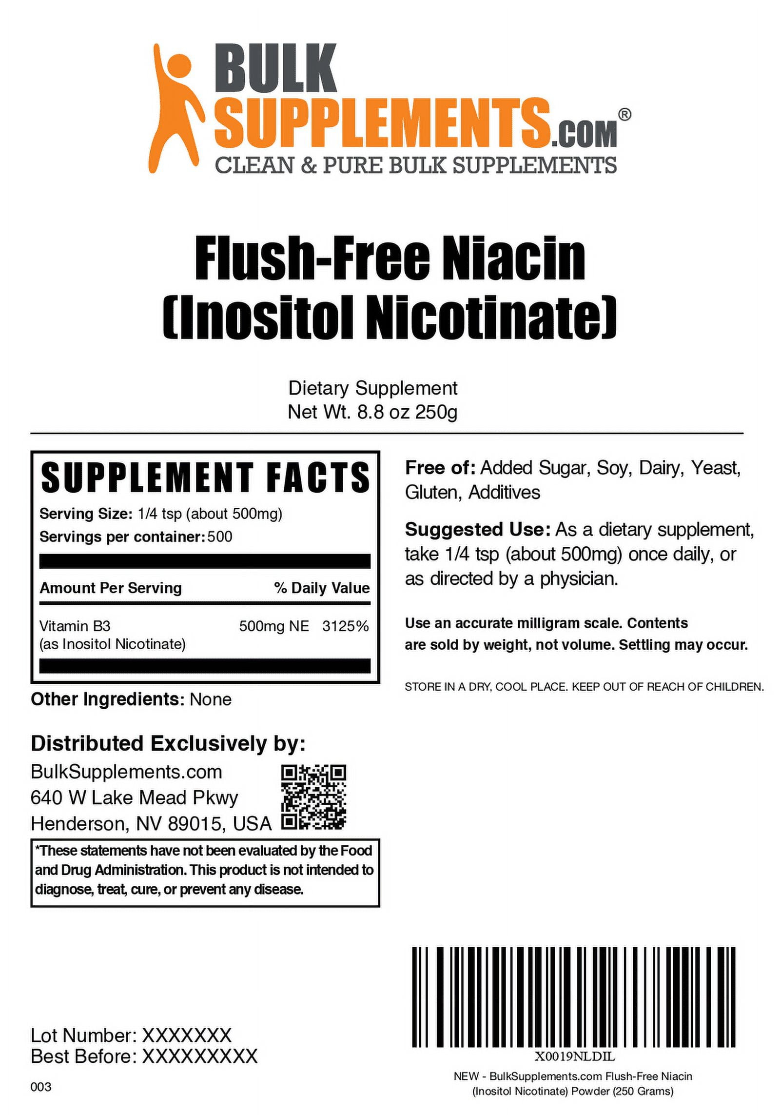 BulkSupplements Flush Free Niacin (Inositol Hexanicotinate) Powder- 500mg per Serving - 250 Grams (8.8 oz) - 500 Servings