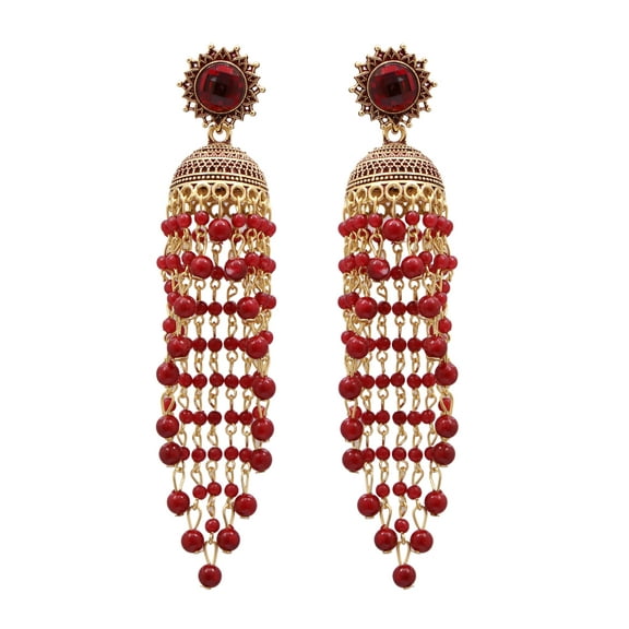 Crunchy Fashion Bollywood Jewellery Traditional Ethnic Bridal Bride Wedding Bridesmaid Gold-Plated Stunning Designer Long Red color Pearl Jhumka