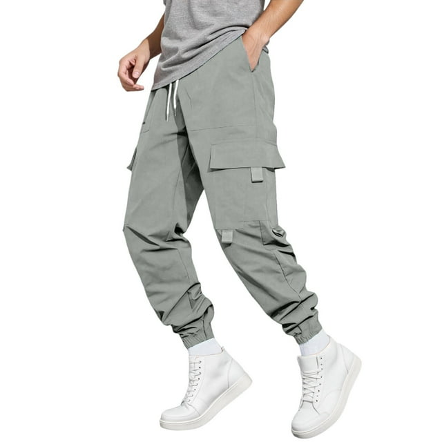 Pantalones cargo para hombre con cordón elástico en la cintura, pierna recta, bolsillos laterales y traseros, poliéster ligero, para uso informal/deportes al aire libre, tallas S-XXL