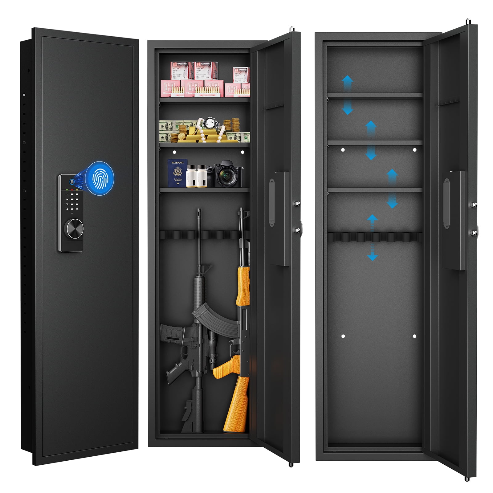 Montary 53" In-Wall Gun Safe w/Fingerprint Touch Panel & Adjustable Shelves, Hidden Rifle Safe for Firearms/Valuables (Black)