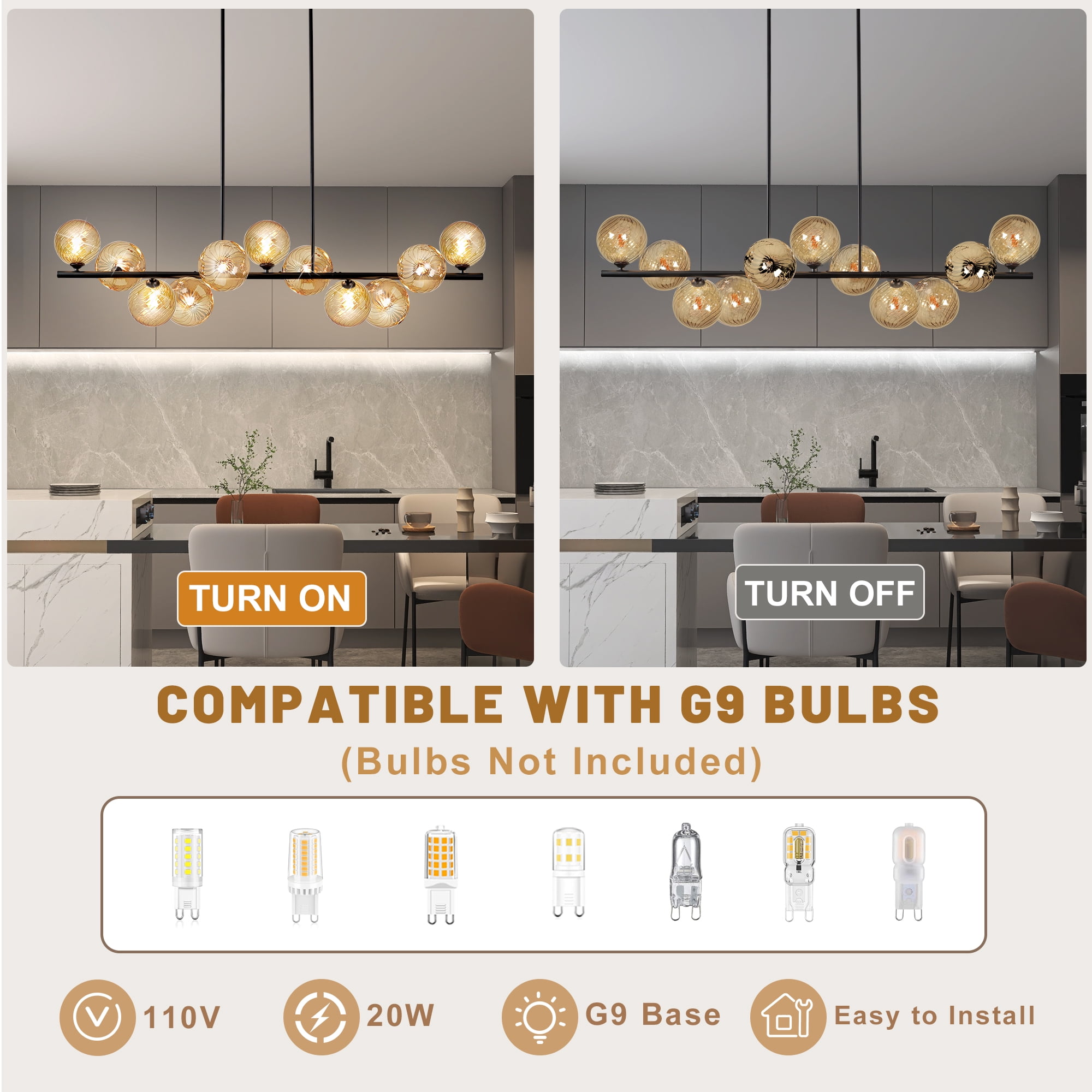 Lzawvm Linear Chandelier for Dining Room with Amber Swirled Glass Globe Dining Room Light Fixture 11-Lights Pendant Lights Kitchen Island for Living Room Sputnik Black 51inch