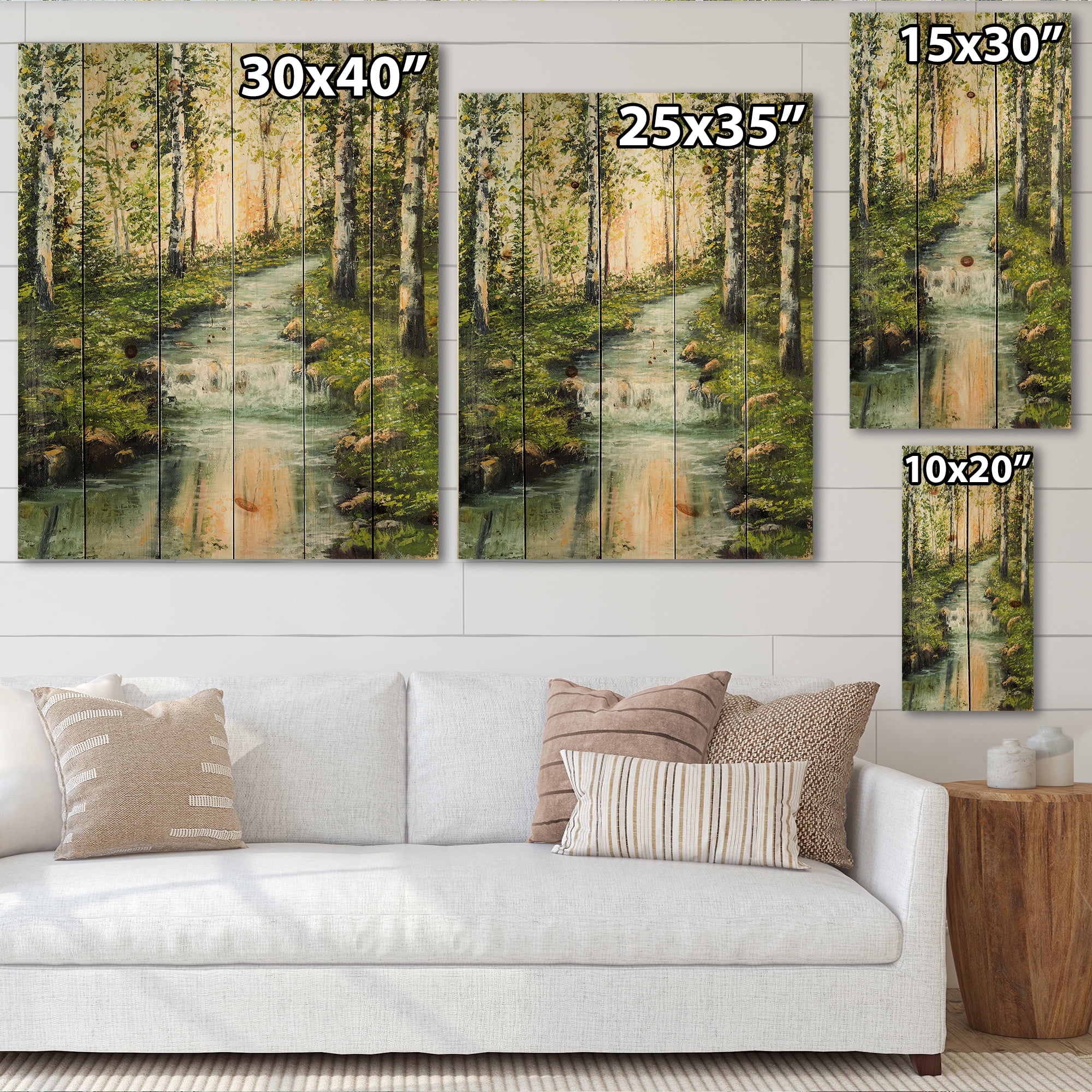 Designart 'River Through Green Birch Forest' Lake House Print on Natural Pine Wood