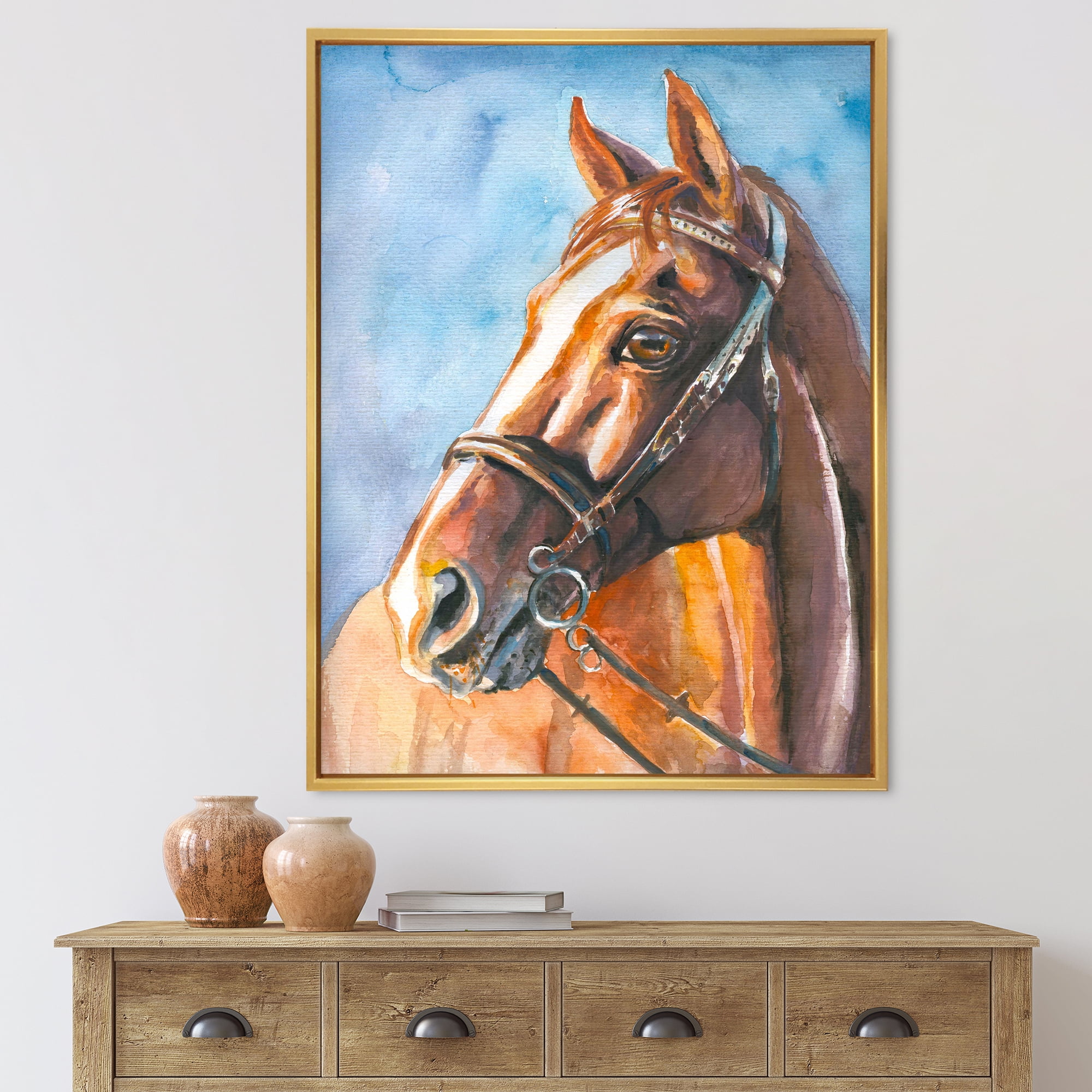 Designart 'Close Up Portrait of A Brown Horse' Farmhouse Framed Canvas Wall Art Print