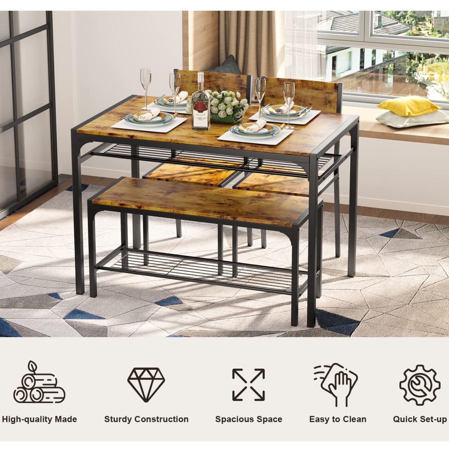 Lofka Kitchen Table Set for 4 with 1 Table & 2 Chairs & 1 Bench, Modern Small Dining Room Set for Small Spaces, Retro