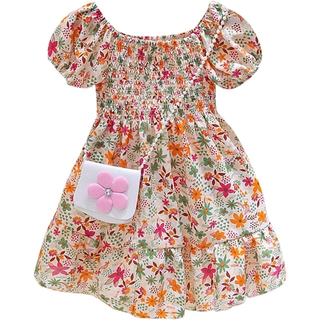 LAICAIW Robe d'Été à Volants Manches Bouffantes Mode Fille Mignonne Imprimé Floral Robe Princesse avec Sac à Main 16 (Or, 3-4 Ans)