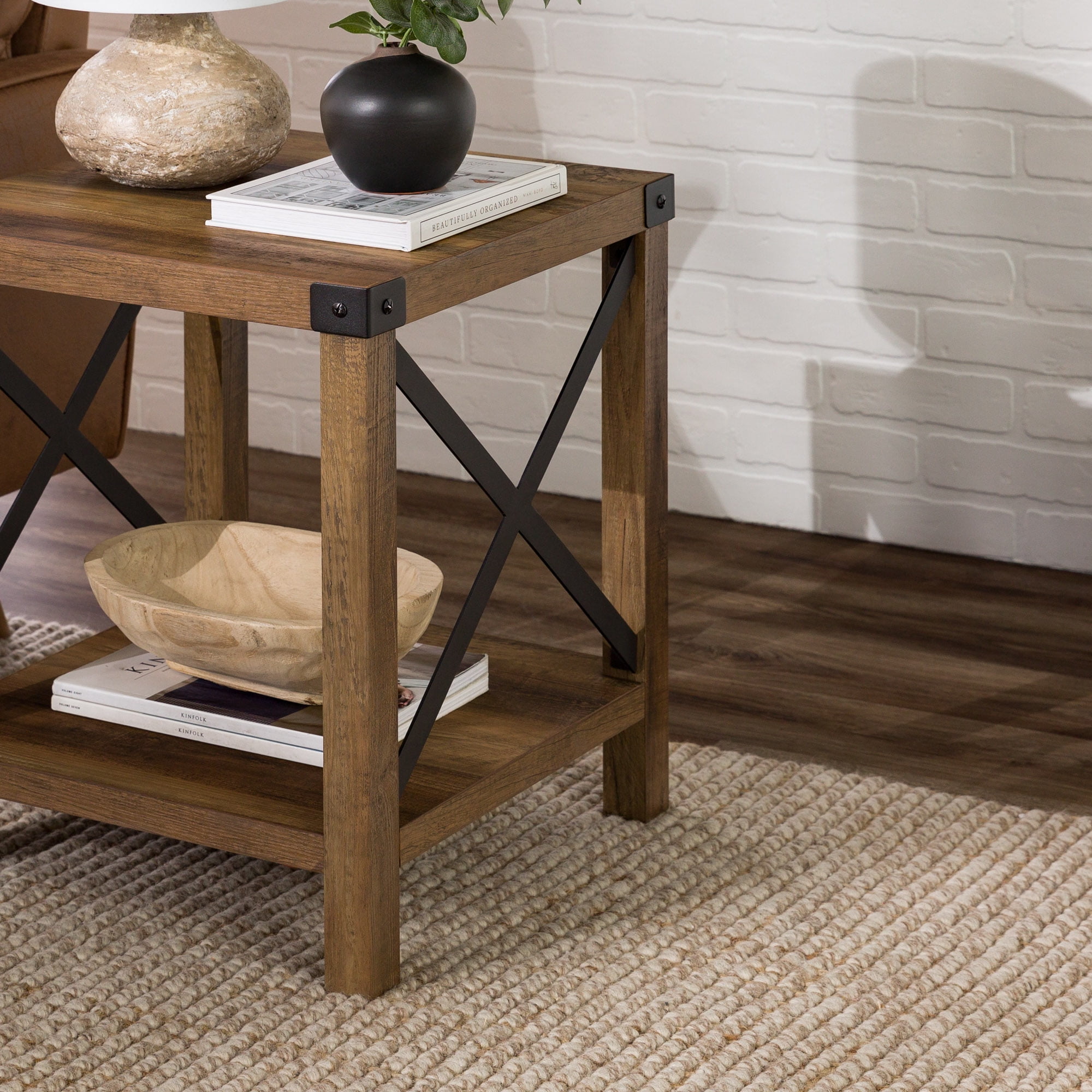 Walker Edison Magnolia Metal X End Table, Reclaimed Barnwood