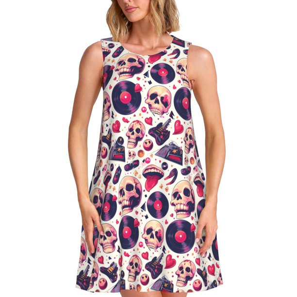 Balery Skull lips record Guitar Vestidos de verano para mujer con estampado: vestido holgado sin mangas, vestido playero informal y cómodo para días calurosos.