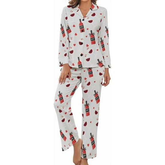 Top-kevin Womens Pajamas Set Wine Bottle Glass Hearts Soft Long Sleeve Sleepwear Button Down Nightwear Pj Lounge Sets
