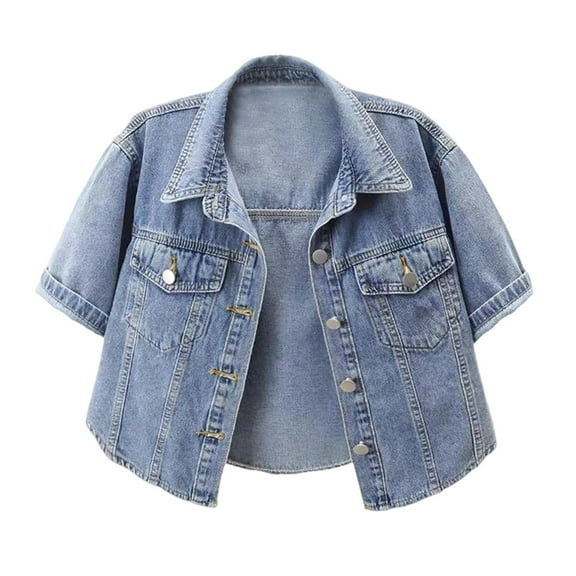 Women's Casual Denim Jacket Short Sleeve Cropped Top Versatile Shirt For Daily And Dating Outfits