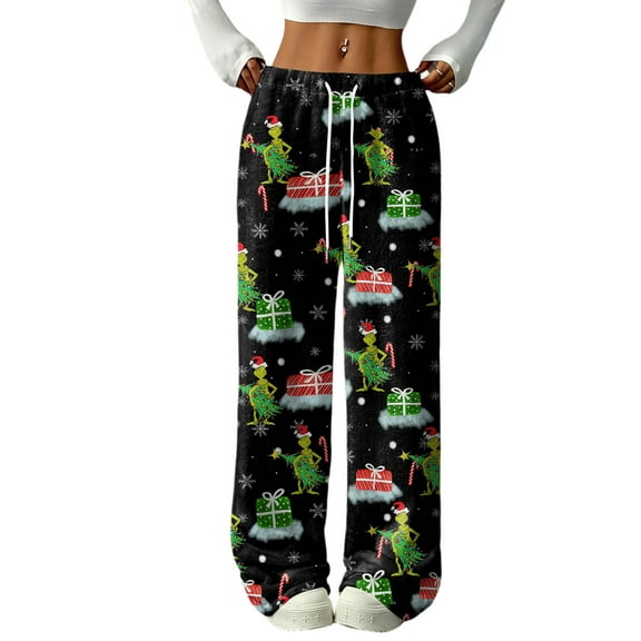 Women's Casual And Fashionable Greentown Printed Elastic Waist, Loose Straight Leg With Plush Pants With Rope