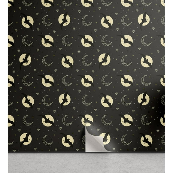 Ambesonne Night Peel & Stick Wallpaper for Home, Bats Moons Stars Diamond Art, 13"x36", Charcoal Grey Pale Yellow