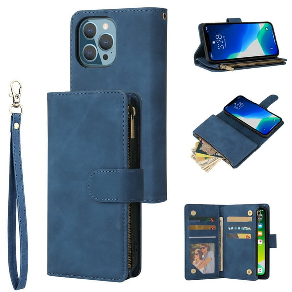 Dteck Case for Apple iPhone 13 Pro 6.1-inch,Luxury Leather Zipper Wallet Kickstand Case Magnetic Buckle Horizontal Flip Cover with 5 Card Slots/Photo Pocket for iPhone 13 Pro,Blue
