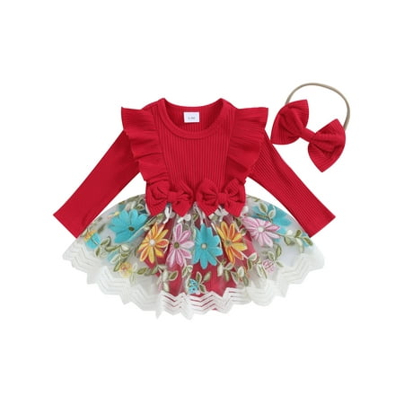

Wallarenear Baby Girls Romper Dress Floral Embroidery Mesh Tulle Skirt Hem Bodysuit Outfits Red 0-3 Months