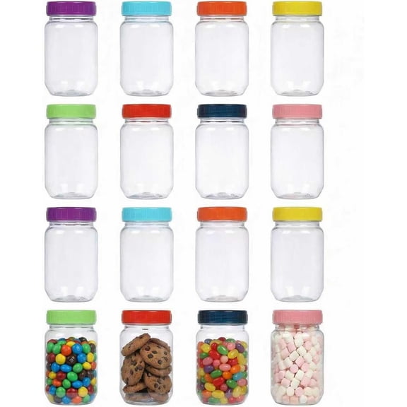 16 oz Plastic Mason Jars with Colorful Lids, Leakproof 16oz Clear Plastic Jars with Lids, Reusable Storage Containers for Household Use (16 Pack)