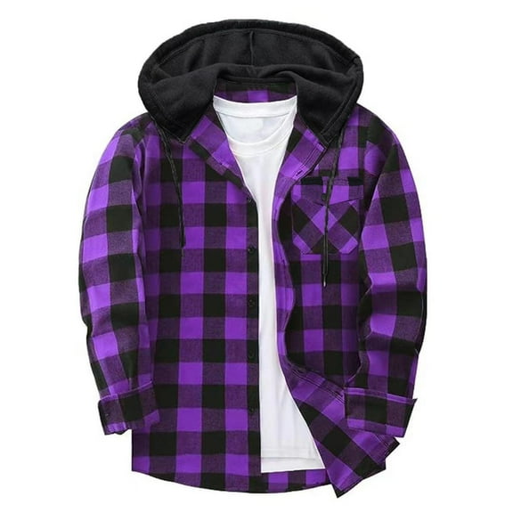 4X-5X Plus Size Long Sleeve Shirts for Men Big & Tall Button-Down Shackets Shirt with Pocket and Hoodie Long Sleeve Plaid Printed Work Hoodies Tops