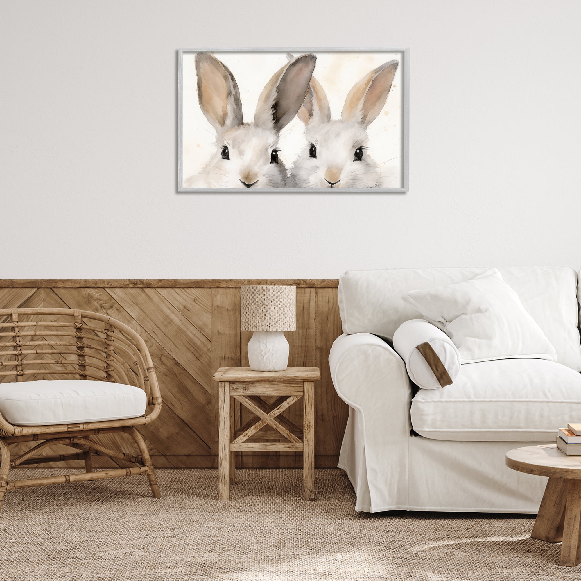 Stupell Industries Two Peeking Rabbits Animals & Insects Painting Gray Framed Art Print Wall Art, 30 x 20
