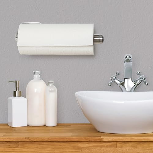 Wall Mount Paper Towel Holder for One-Handed Use, Patented Design with Rounded Finial, 14-Inch Brushed Silver Metal Finish for Kitchen or Bathroom