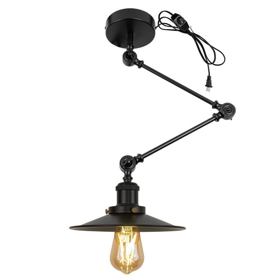Kiven Pendant Light Fixture Adjustable Height,Black Swing Arm Hanging Lights Retractable Design with 15ft Plug-in Cord, Industrial Ceiling Pendant Light for Kitchen Island Picture Office TB2773