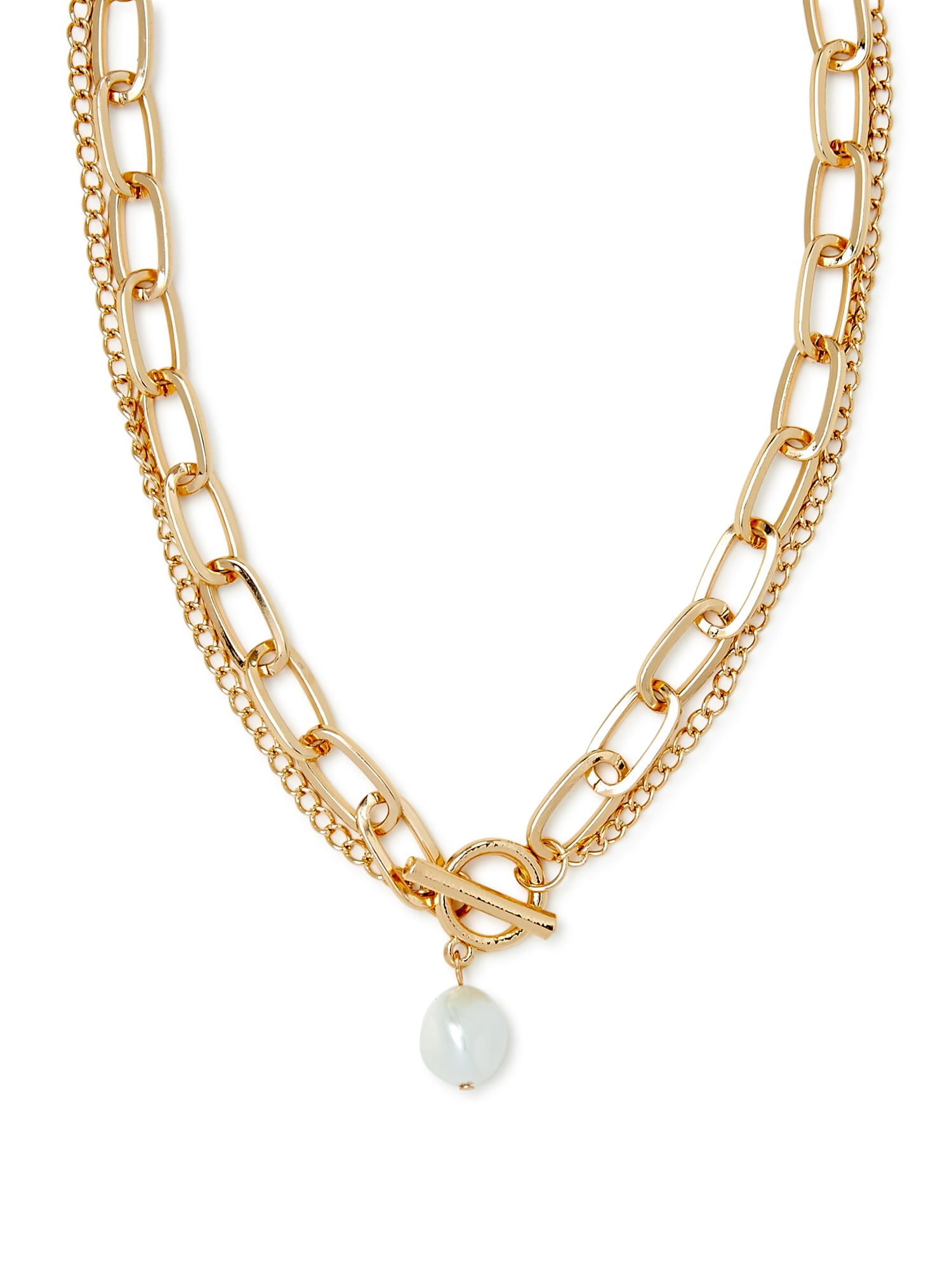 Scoop Women’s 14K Gold Flash-Plated Double Chain Link Faux Pearl Toggle Necklace, 18” + 2” Extender