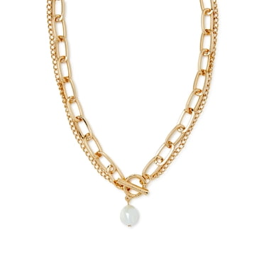 Scoop Women’s 14K Gold Flash-Plated Double Chain Link Faux Pearl Toggle Necklace, 18”   2” Extender