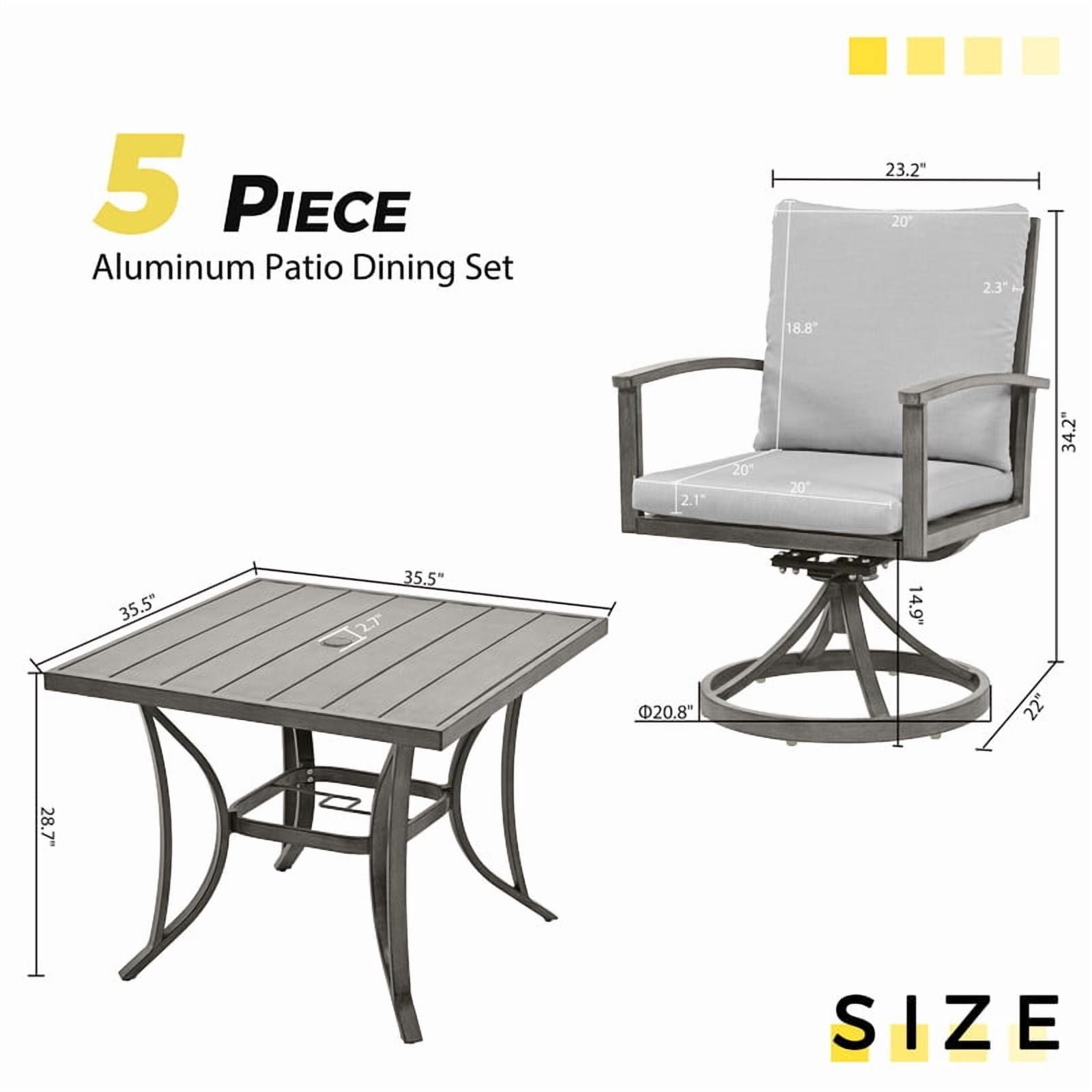 5-Piece Patio Outdoor Dining Set,Aluminum Outdoor Patio Table and Chairs Set for 4 includes 1 Square Dining Table and 4 Swivel Dining Chairs