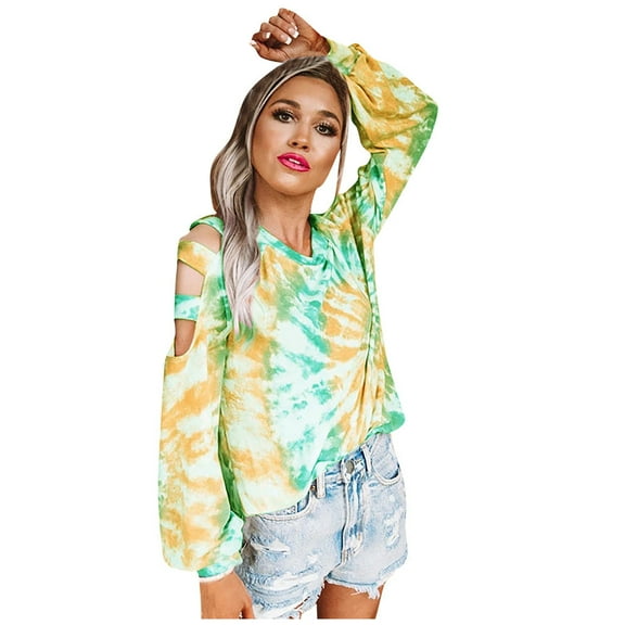 Women Tie Dye Crewneck Sweatshirt Casual Loose Fit Cold Shoulder Cut Out Long Sleeve Color Pullover Tunics Top Blouse Shirts Tshirt Tops