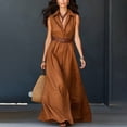 thumbnail image 2 of Women Sleeveless Collared Shirt Maxi Dress, Button Front Waist Belted Wrap Long Dress, Solid Color Slim Fit Casual Commuter Sundress Brown XXL(XXL), 2 of 8