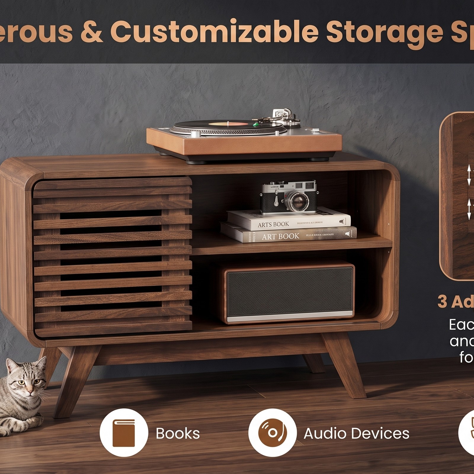 Furnibear Mid Century Modern Entertainment Center, TV Stand for TVs up to 65 Inch with Grille-Style Sliding Doors and 3 Adjustable Shelves, Media Console, Walnut
