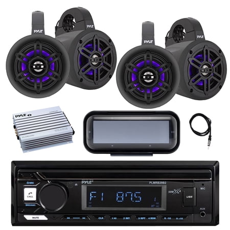 Pyle PLMRB29B2 Single DIN Marine Bluetooth MP3 Player Stereo Receiver Cover 4x 4 300W Bluetooth Waterproof Marine Wakeboard LED Tower Speakers Amplifier Radio Antenna