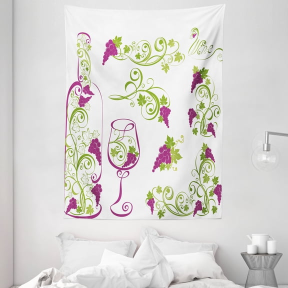 Wine Tapestry, Wine Bottle and Glass Grapevines Lettering with Swirled Branches Lines, Wall Hanging for Bedroom Living Room Dorm Decor, 60W X 80L Inches, Purple Lime Green White, by Ambesonne