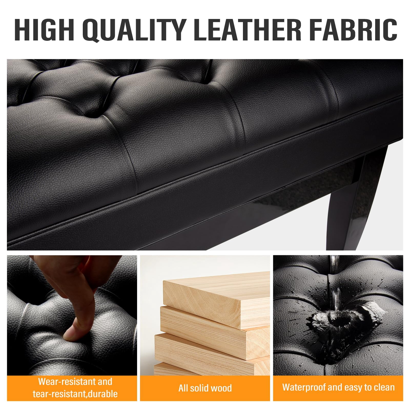 AODSK Piano Bench Adjustable Padded Faux Leather Cushion Heavy Duty Wooden Legs  23.6 x 15.8 in Pianist Seater