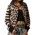 thumbnail image 3 of Womens Leopard Print Striped Patchwork Button Front Cropped Knit Cardigan Black XL, 3 of 9