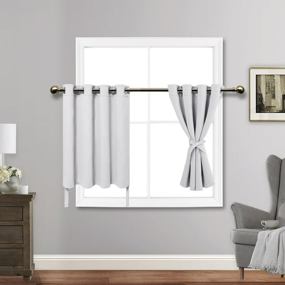 AIR-Short Blackout Curtains with Tiebacks for Kitchen, Light Blocking and Noise Reducing Grommet Small Window Curtains for Bathroom/Bedroom, Set of 2 Panels, 52 x 36 Inch Length, Greyish White