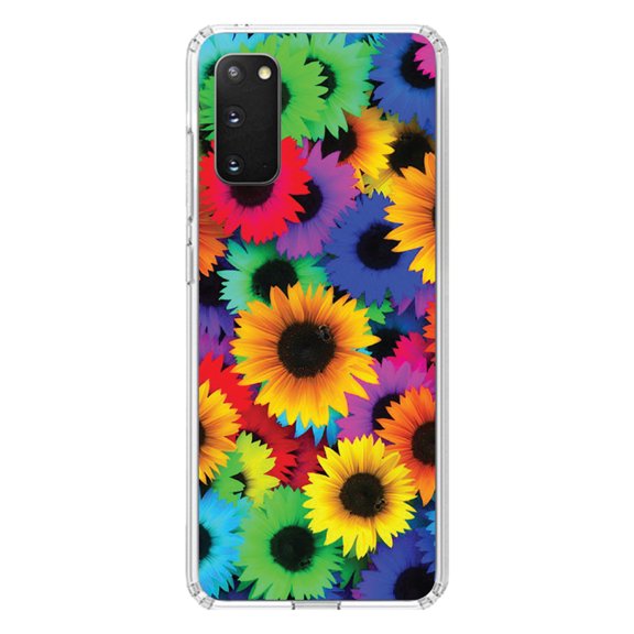 DistinctInk Clear Shockproof Hybrid Case for Galaxy S20 / S20 5G (6.2" Screen) - TPU Bumper, Acrylic Back, Tempered Glass Screen Protector - Red Green Yellow Sunflowers