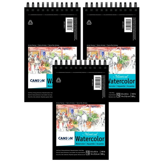 Canson Artist Series Montval Watercolor Pad, Top Wire Binding, 12 Sheet, 5.5x8.5 inch, Pack of 3