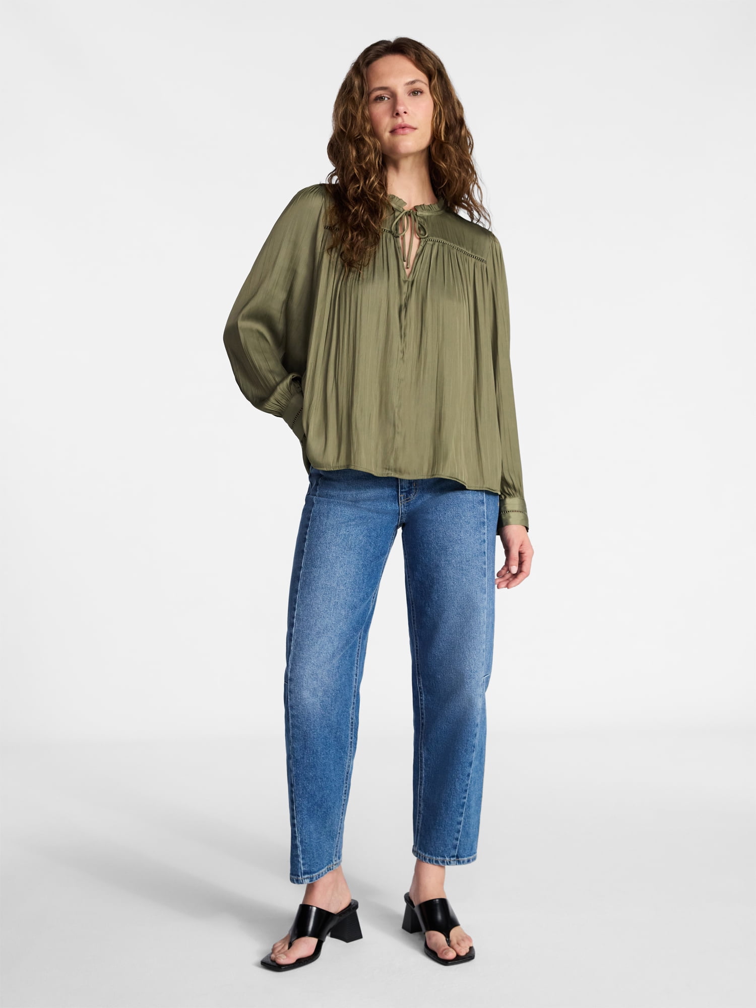 Time and Tru Women's Soft Ruched Yoke Blouse with Long Sleeves, Sizes XS-XXXL